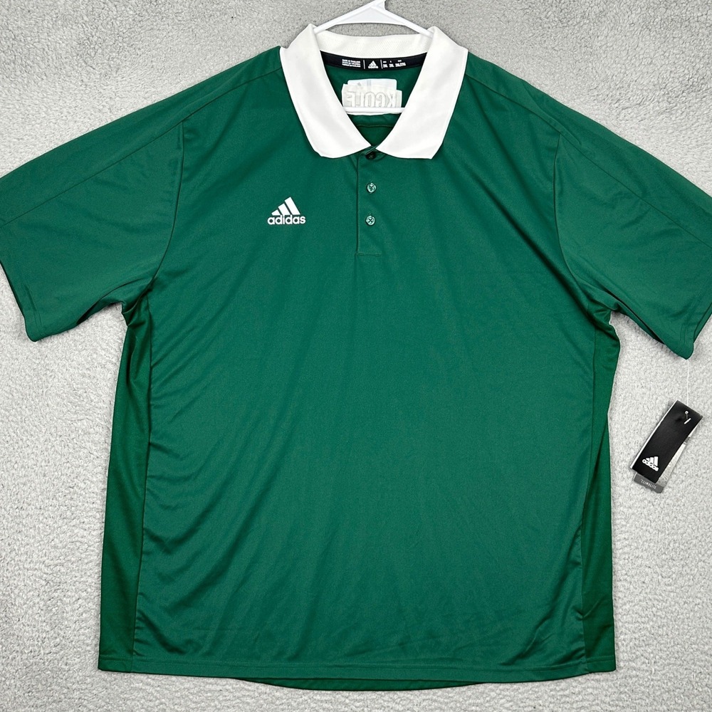 NEW Adidas Polo Shirt Mens 2XL Climalite Green White Collar Golf Rugby Athletic
